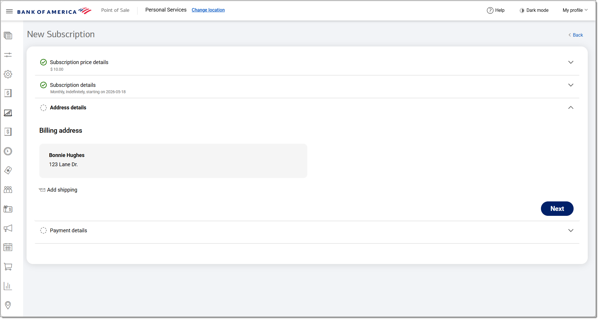 recurring billing address details