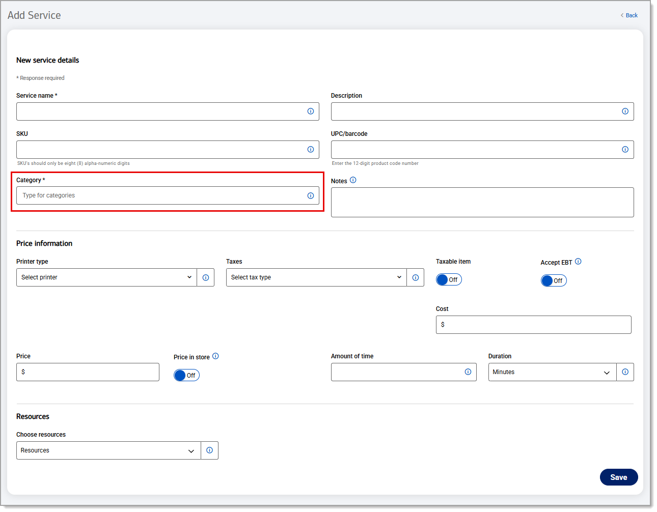 Category field highlighted under New service details.