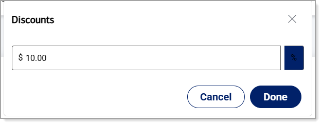 Discount amount field with a percentage amount and percentage discount button enabled