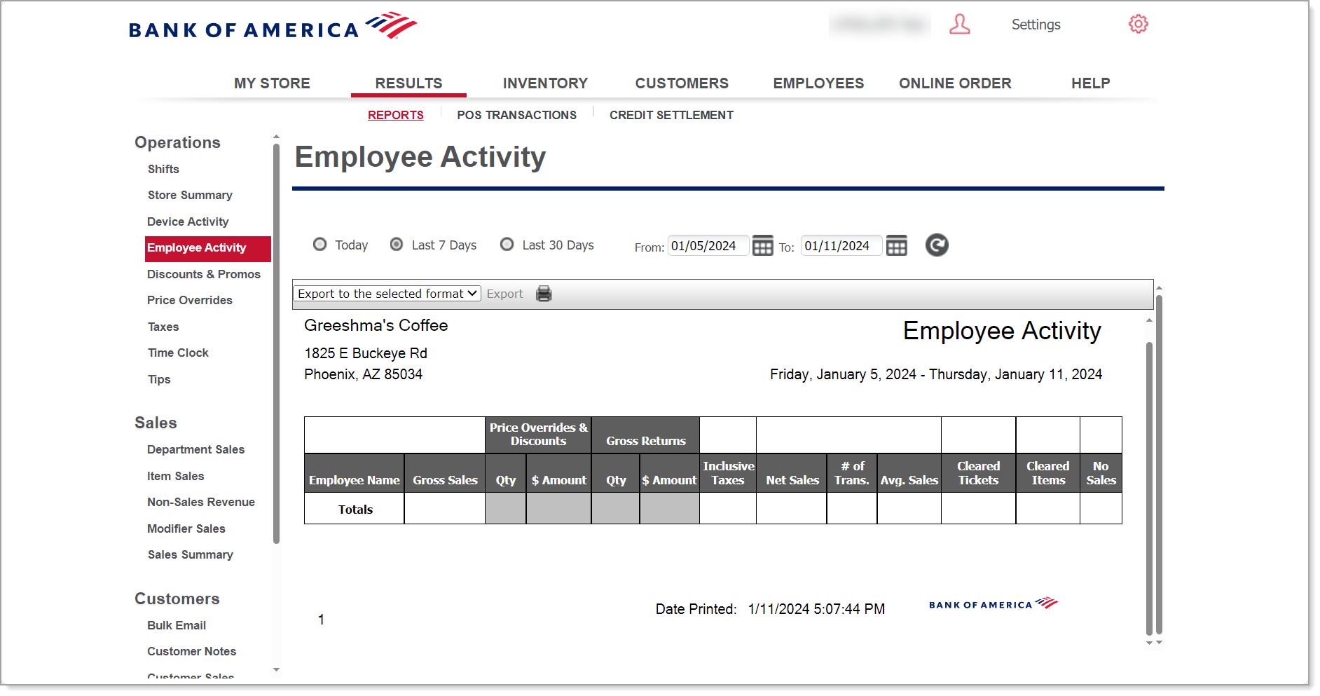 employee activity screen