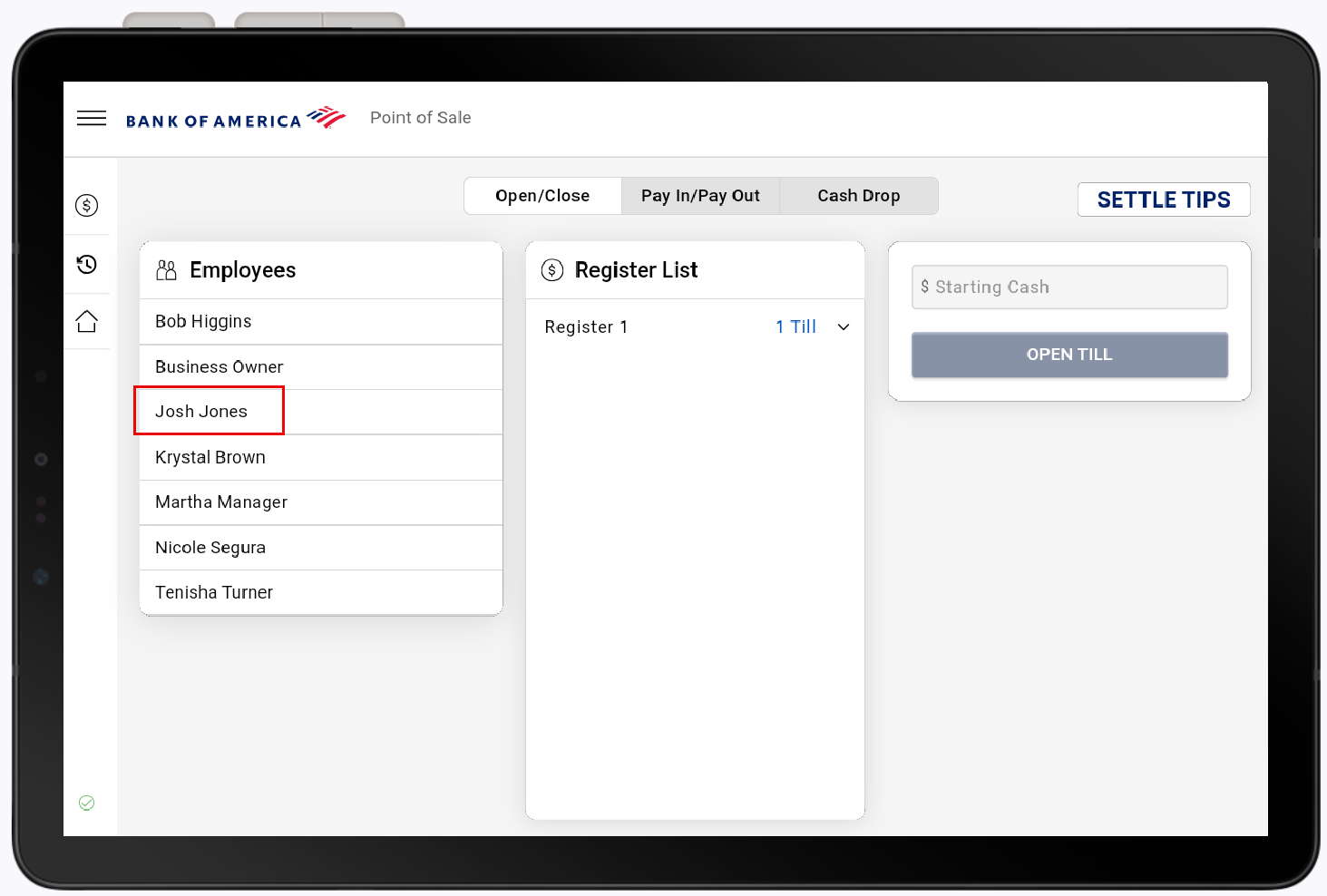 Employee highlighted under the Open Close tab.