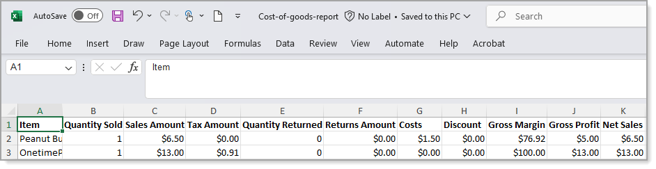 Cost of Goods report sample