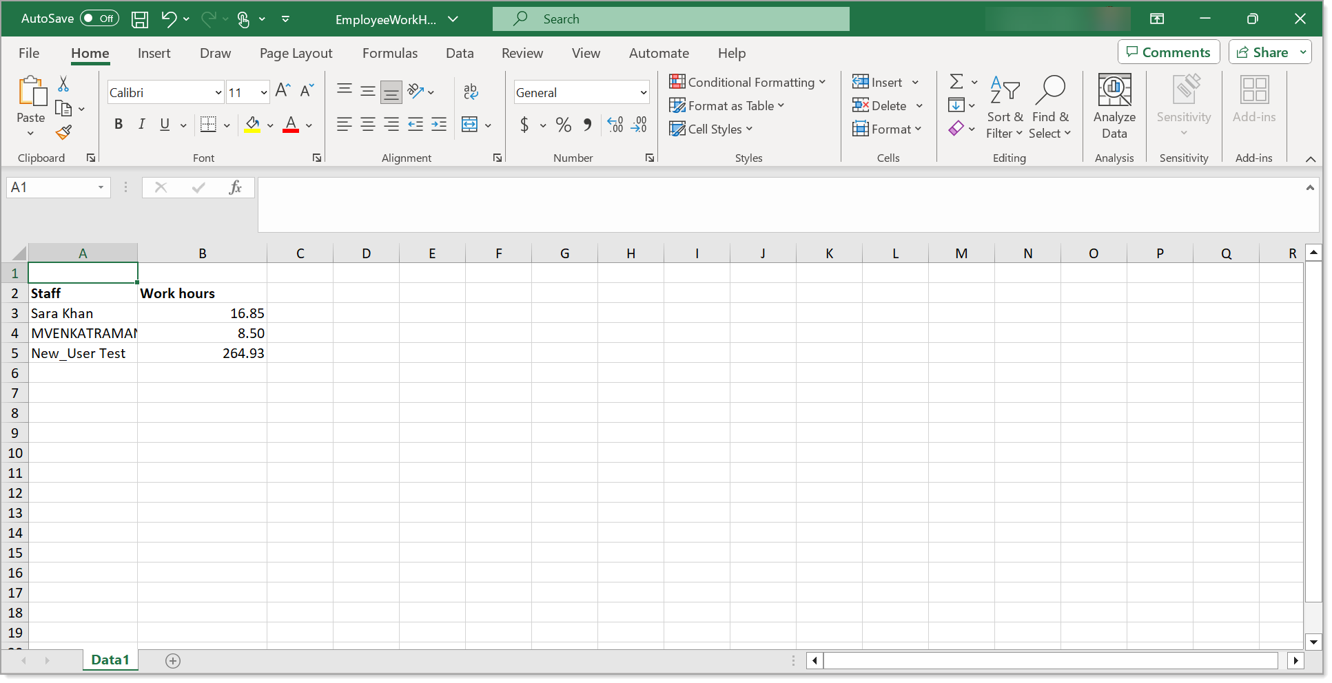 Employee hours - sample downloaded report