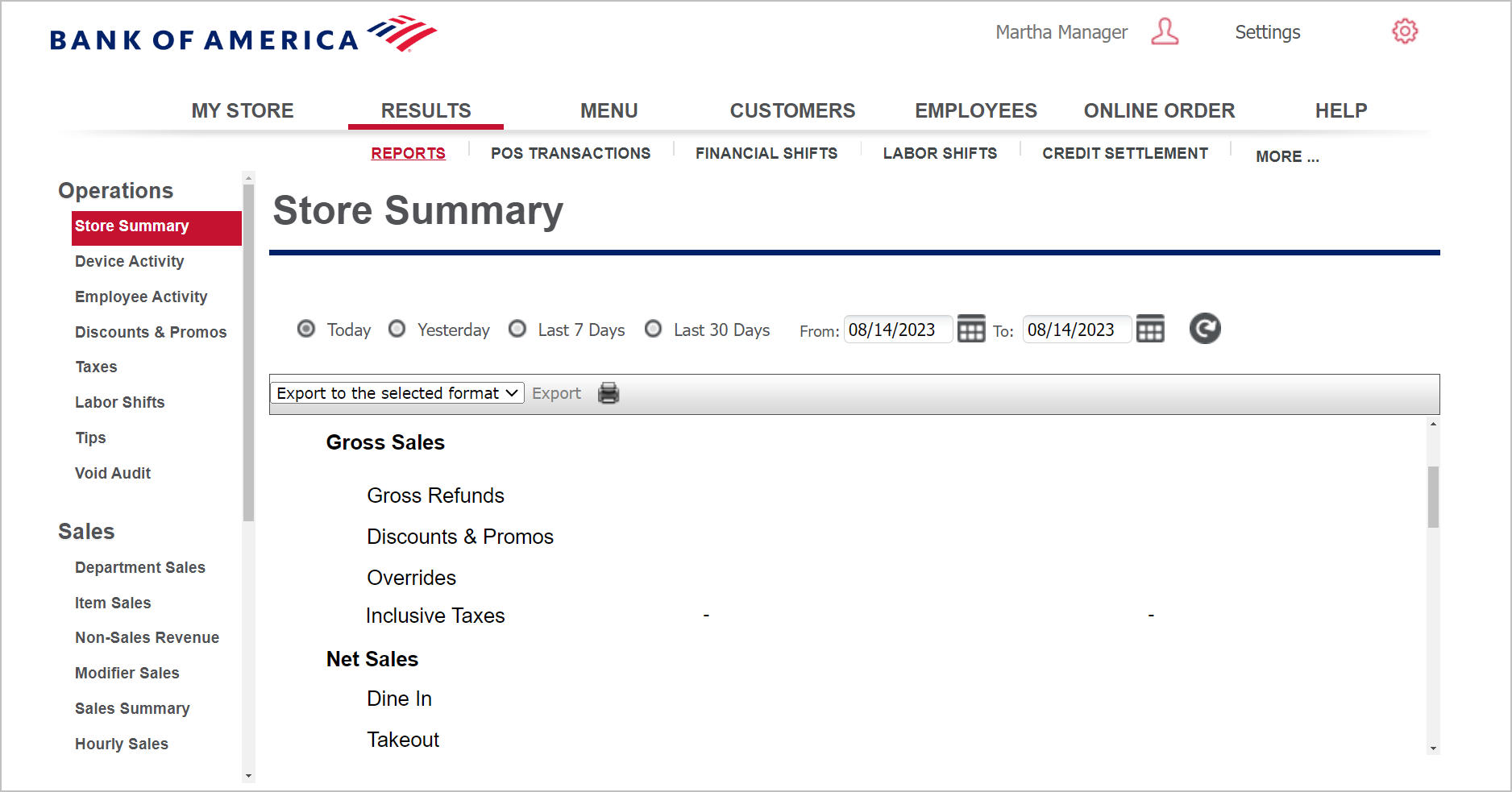 Date range and filter selections to generate the Store Summary report