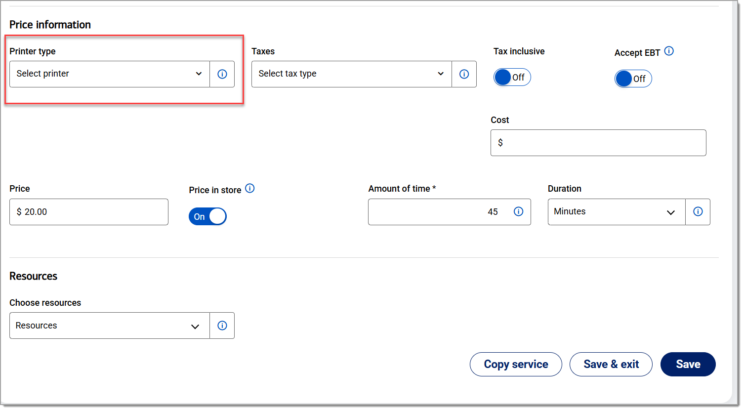 service printer type selection