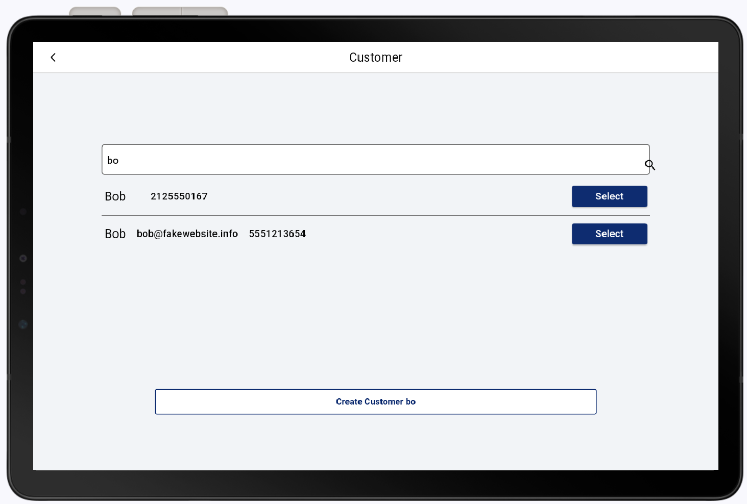 Search resilts displayed from customer search 