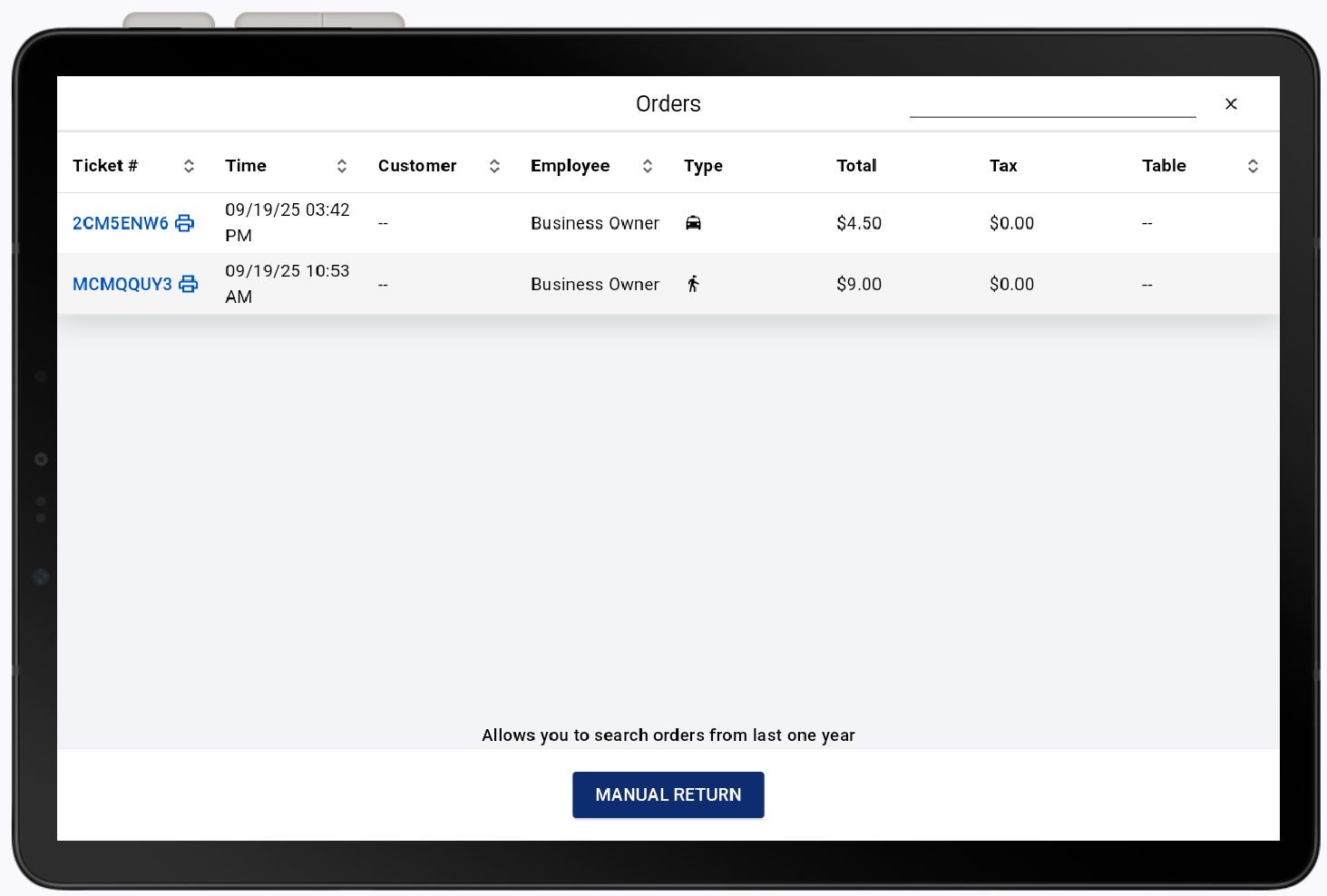 orders list
