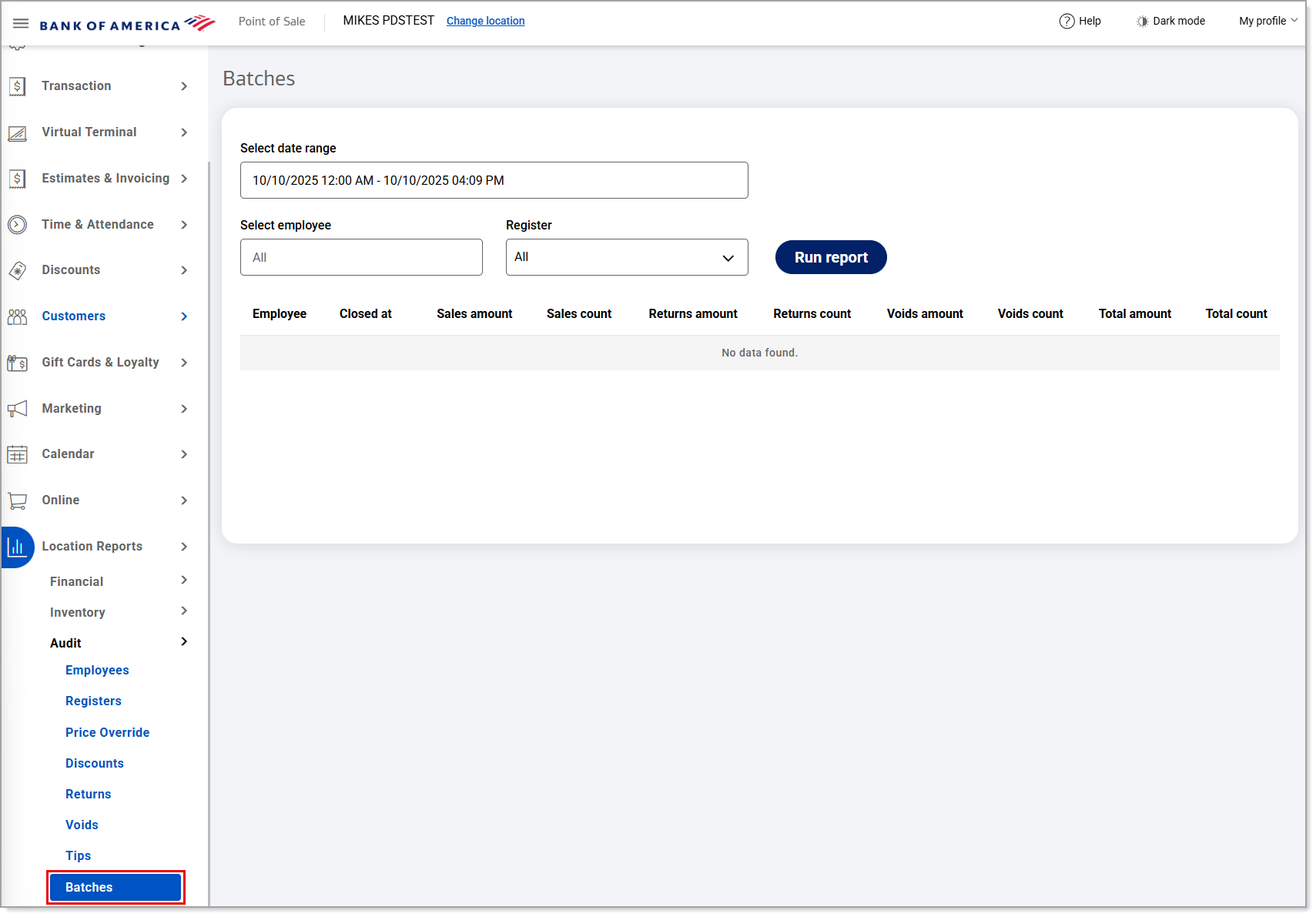 Batches report menu option