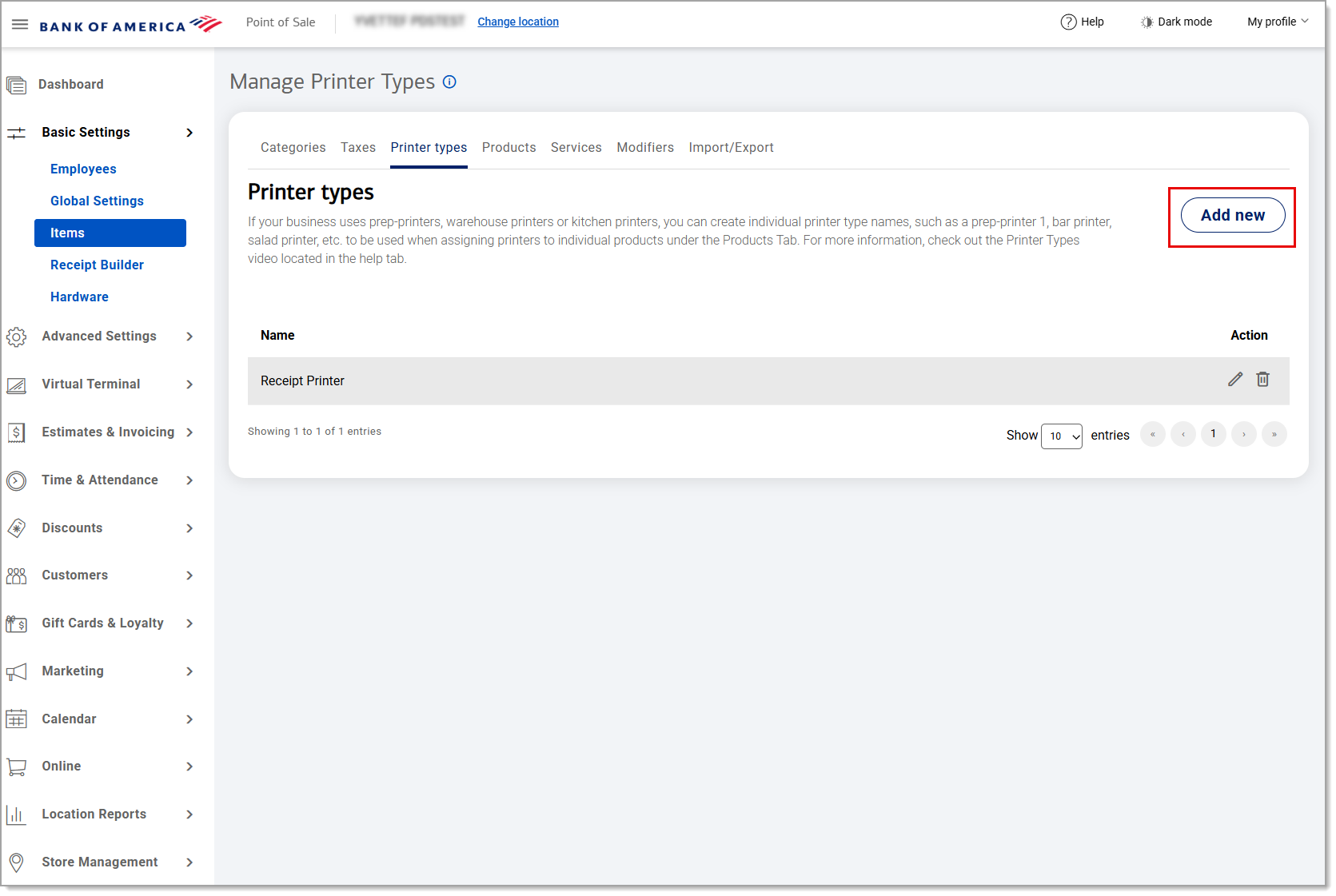 Manage Printer Types page with the Add new button highlighted.