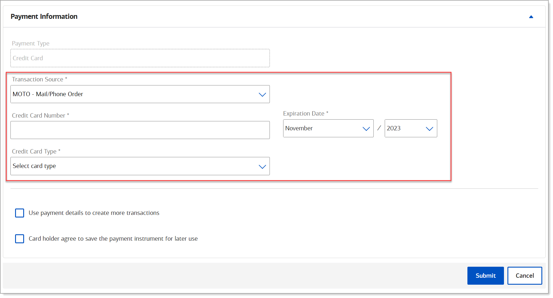 virtual terminal payment fields first view