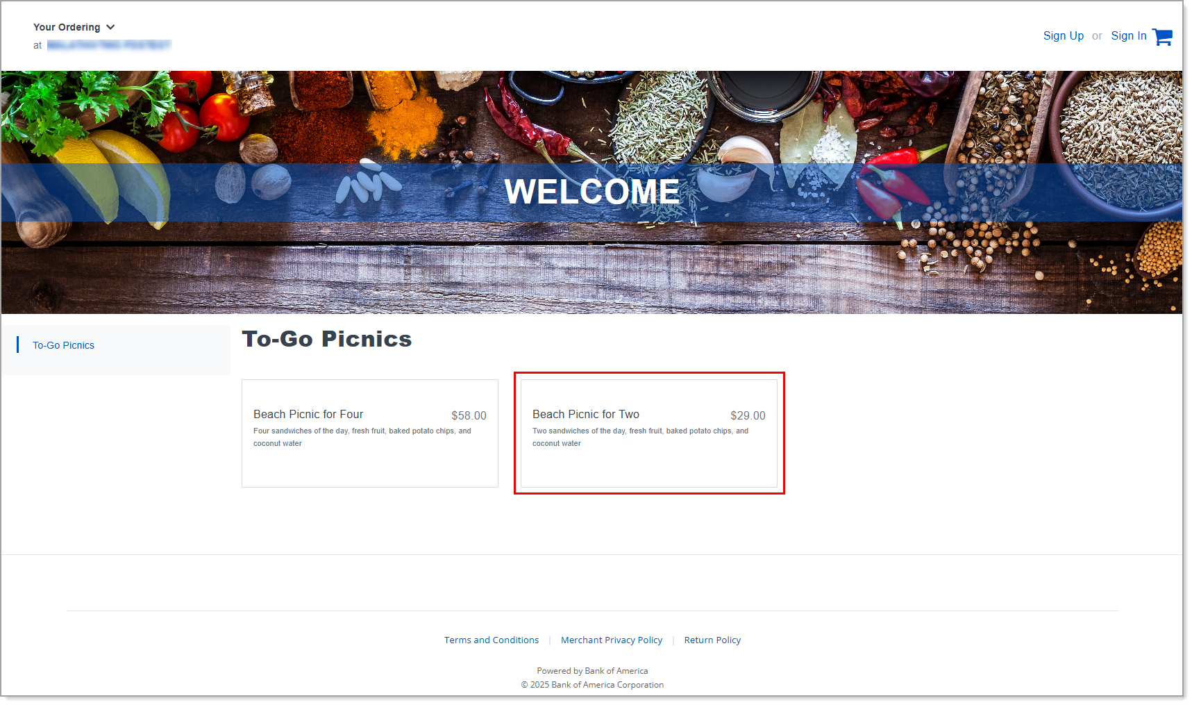 Product button on an eCommerce or Ordering site