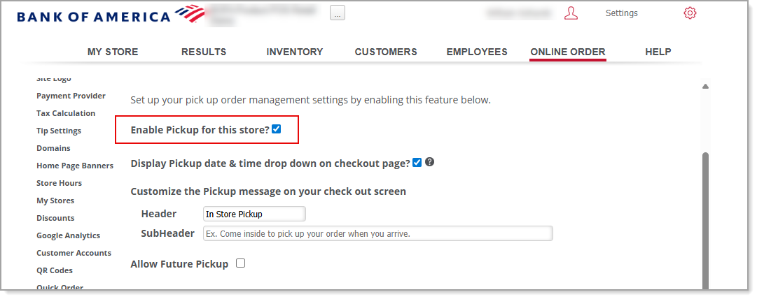 Enable Pickup for this store checkbox