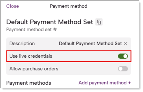 FoxyCart's payment method screen with Use live credentials setting highlighted