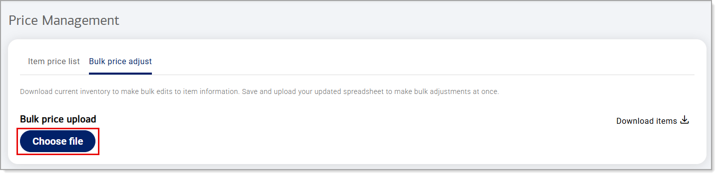 Price Adjust bulk price list choose file button