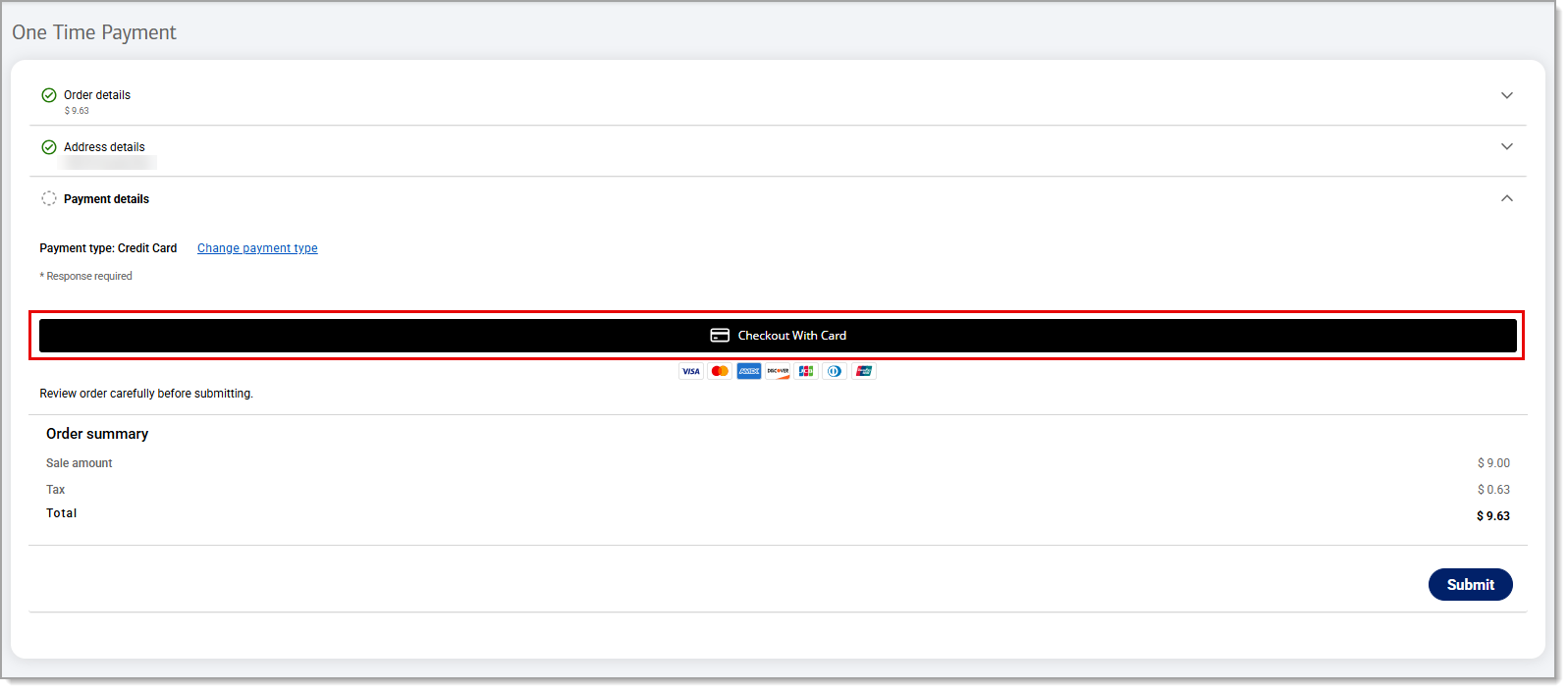 Checkout With Card highlighted under Payment Details .