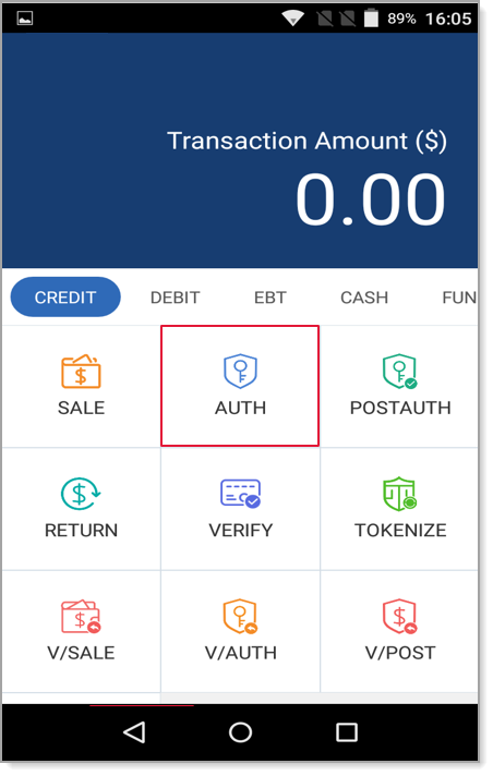 Credit tab, Auth option.