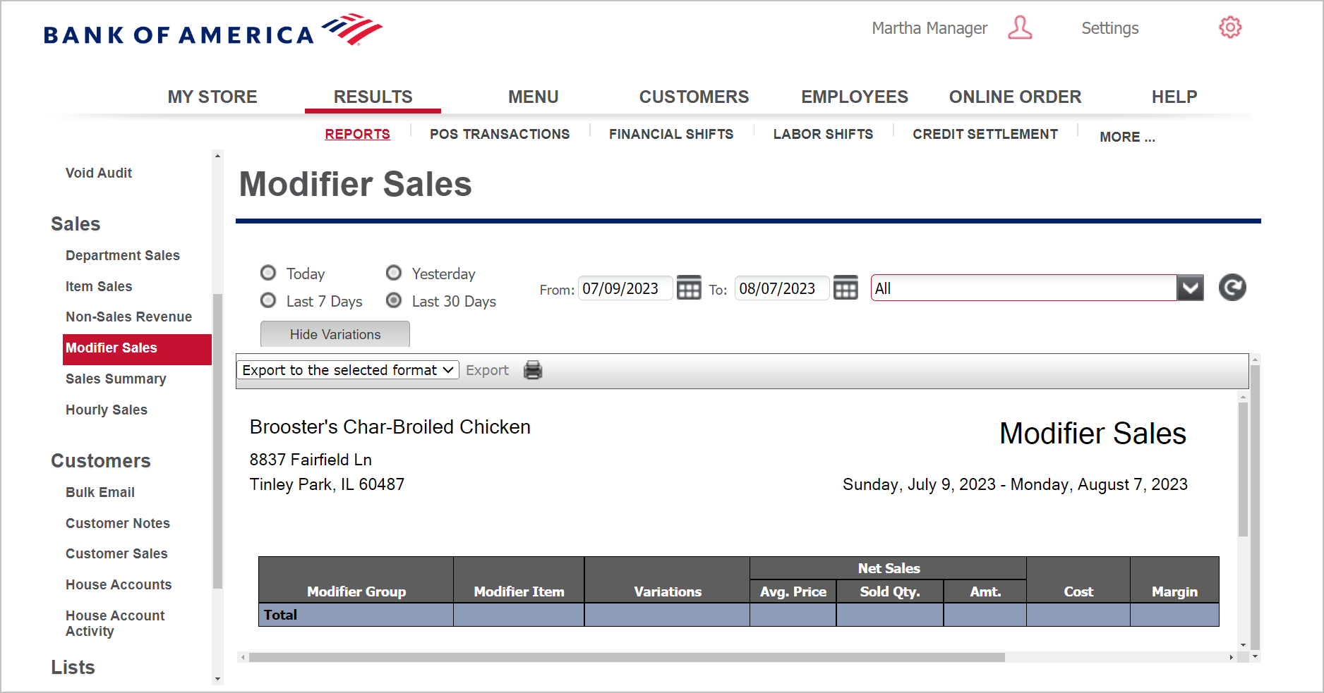 Modifier Sales report view