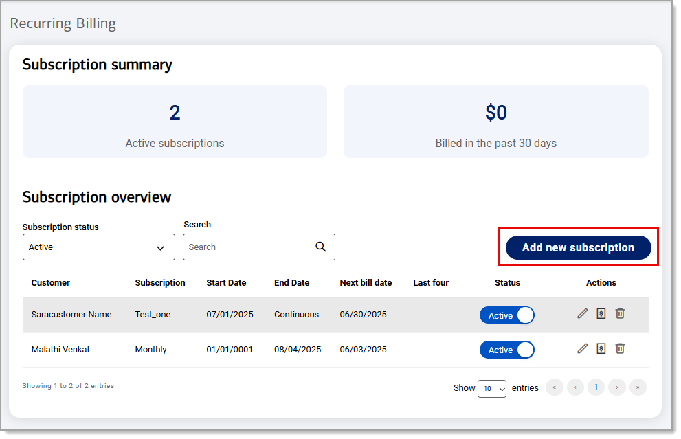 Add new subscription button highlighted within the subscription overview.