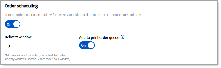 Order scheduling section with a toggle to allow for delivery or pickup orders.