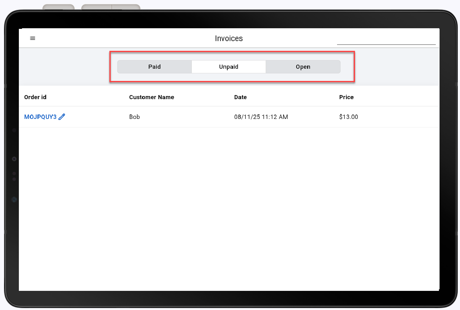 Invoices screen with tabs highlighted