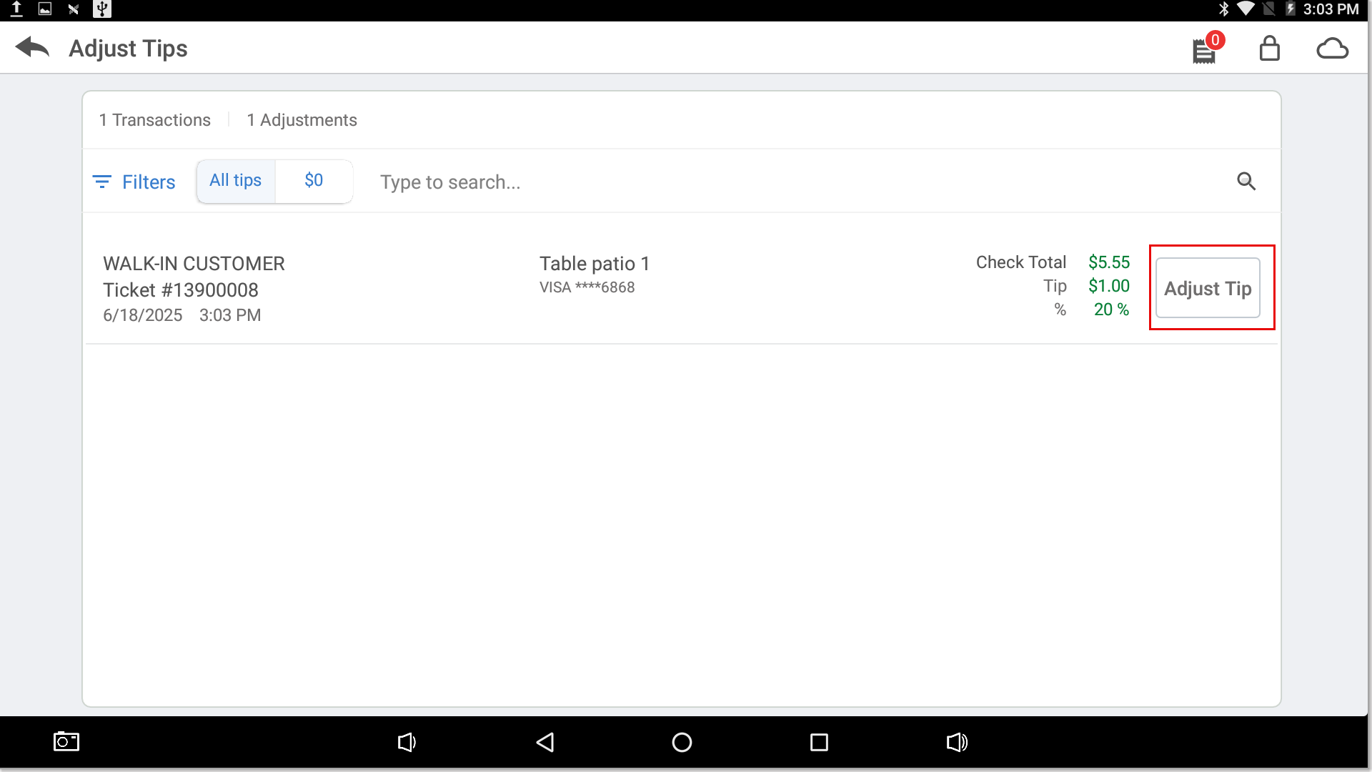 Adjust Tip button highlighted from selected ticket