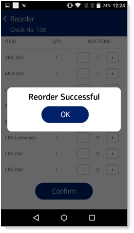Reorder Confirmation message.
