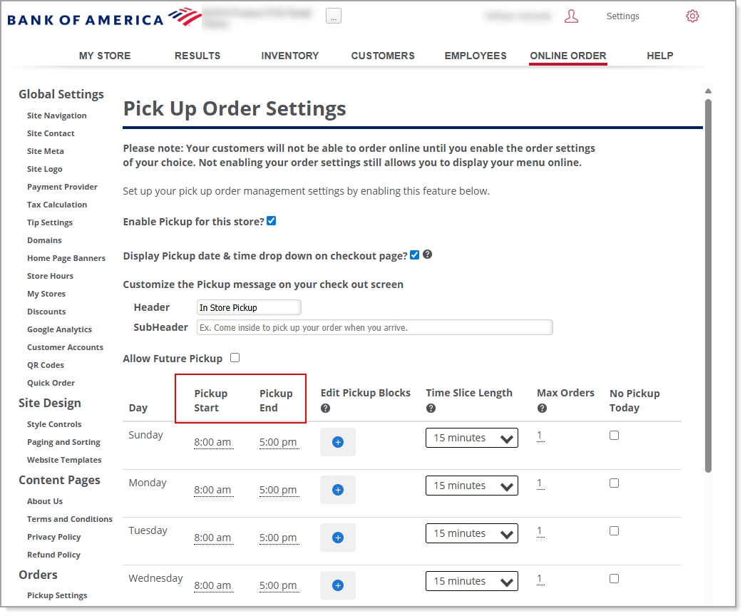Pick Up Order Settings options