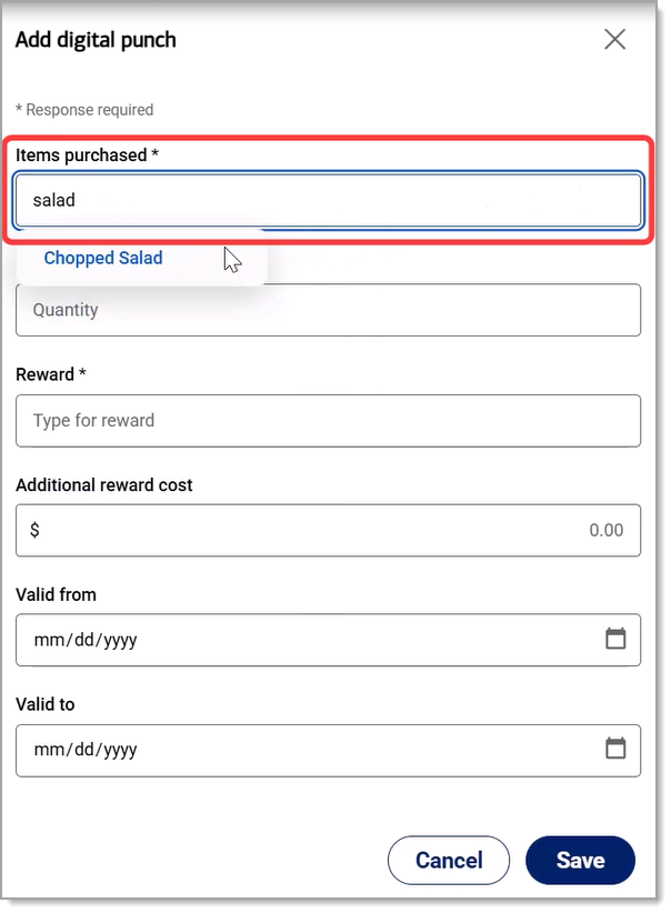 Add digital punch program settings window. Items purchased.