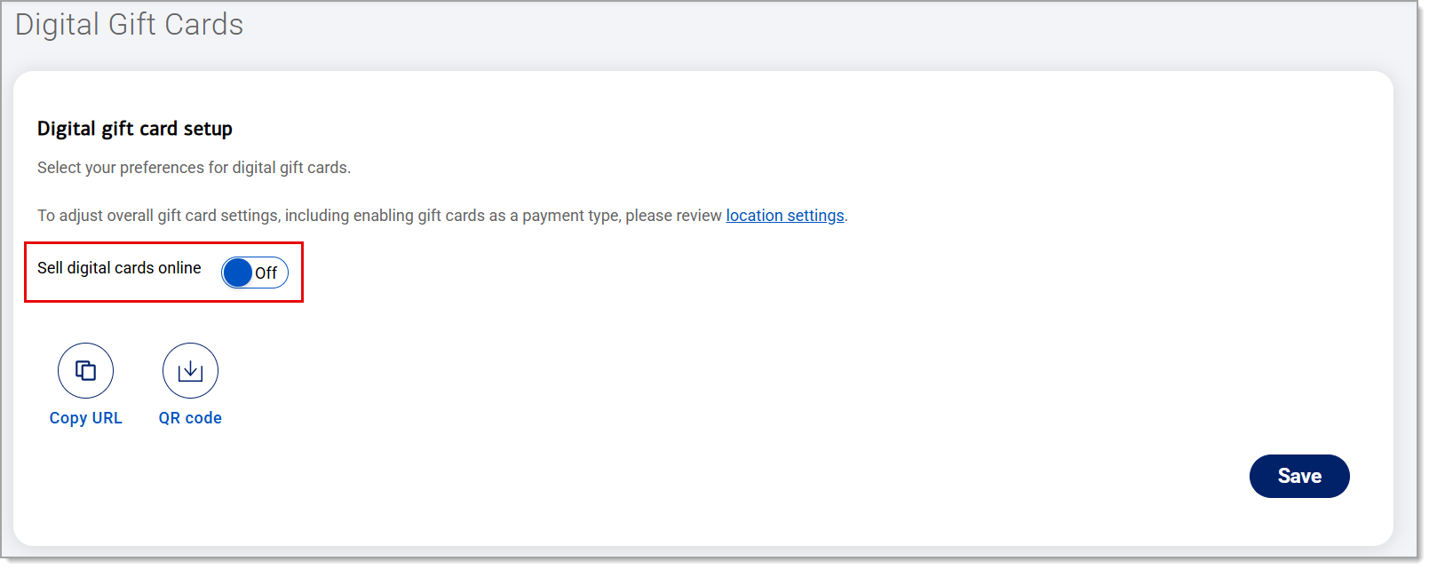 Sell digital cards online toggle highlighted