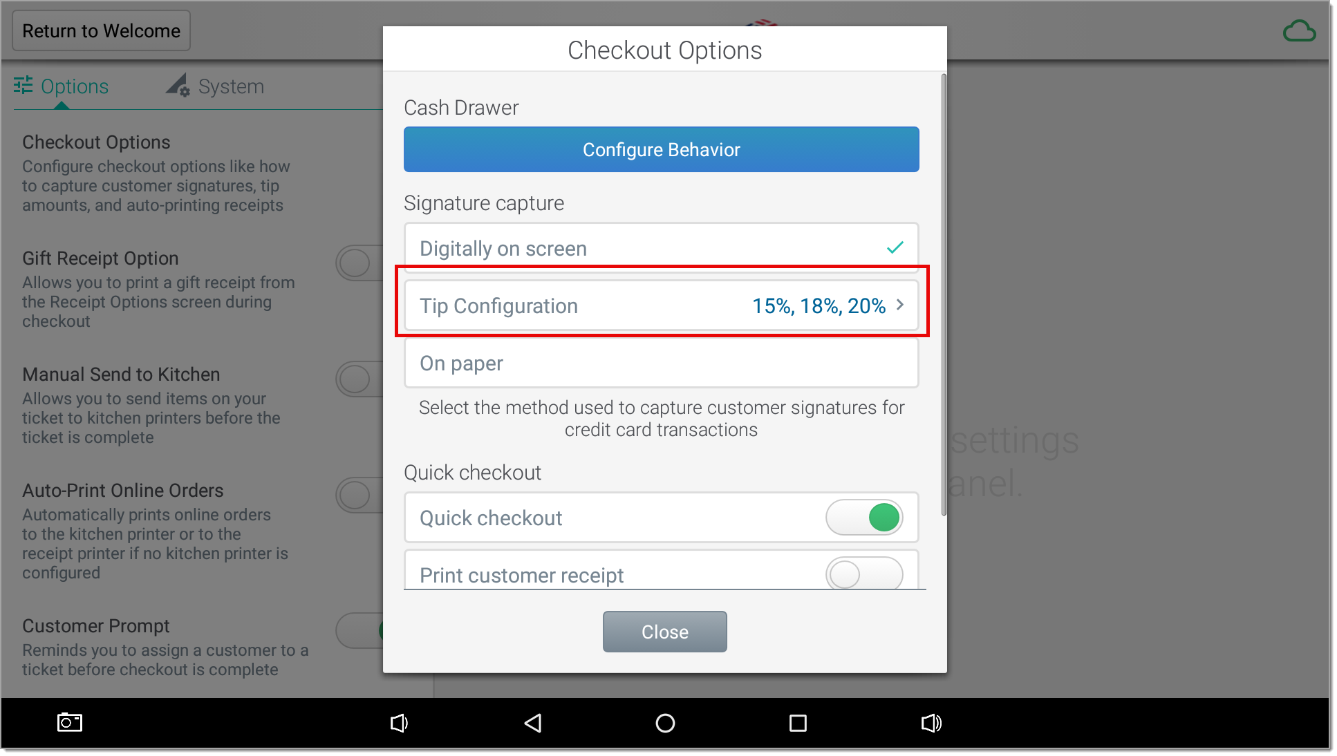 select tip configuration in check close options