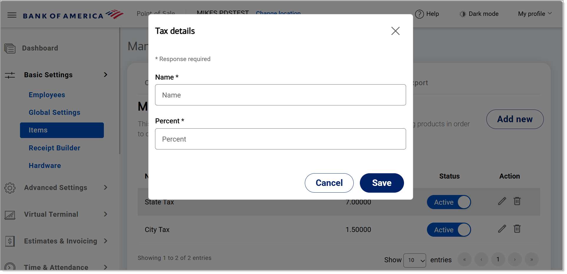 Tax details pop-up