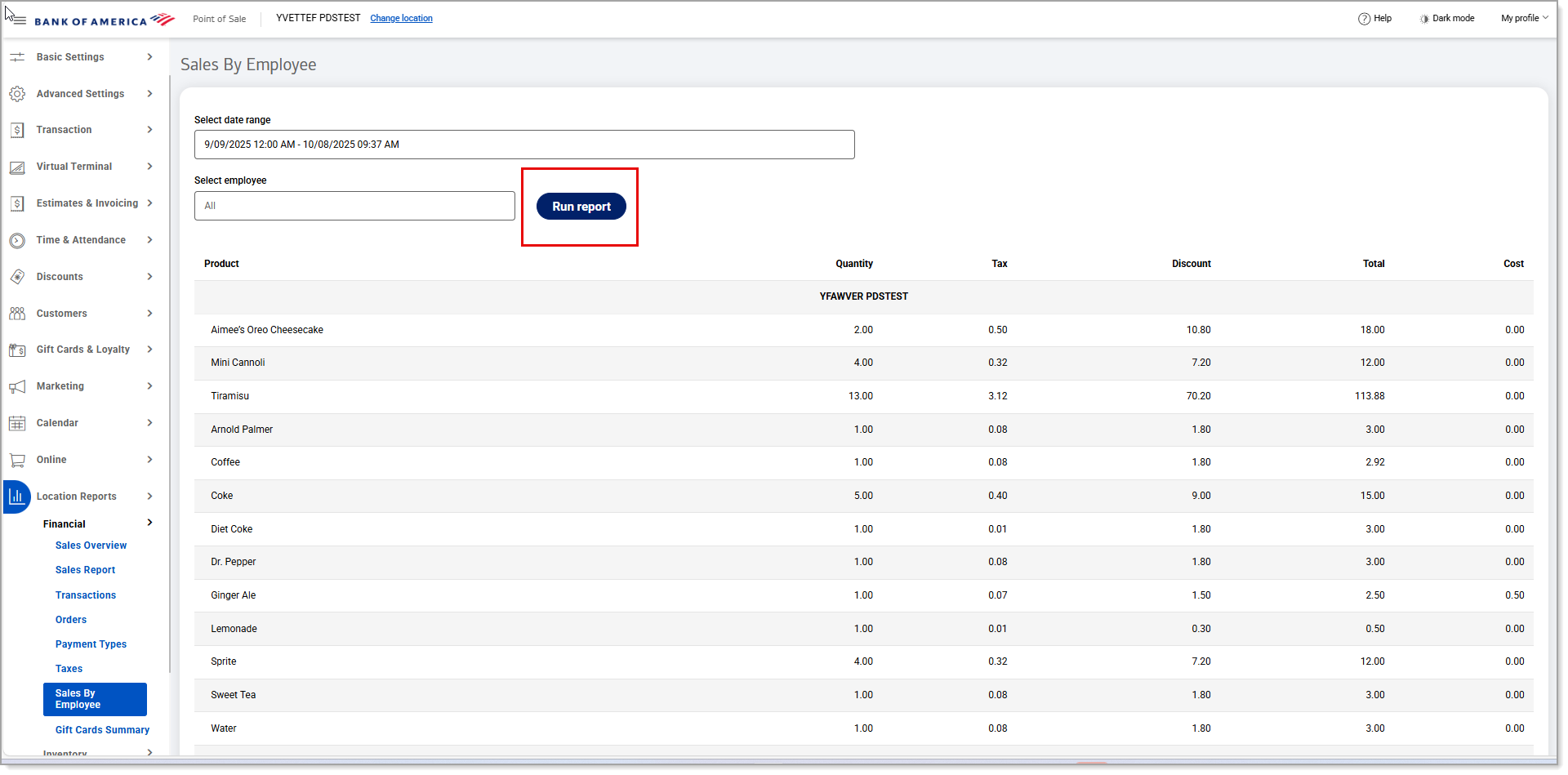 Sales by Employee screen with Run report button