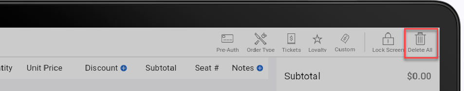 delete all order option selected
