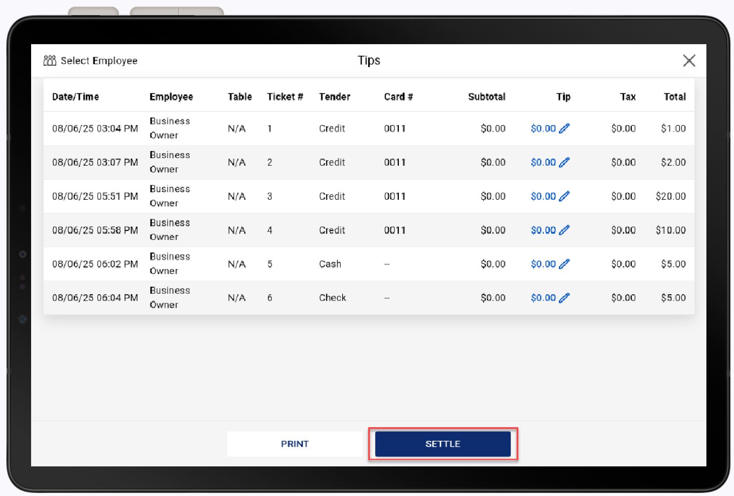 tips screen with settle button highlighted.