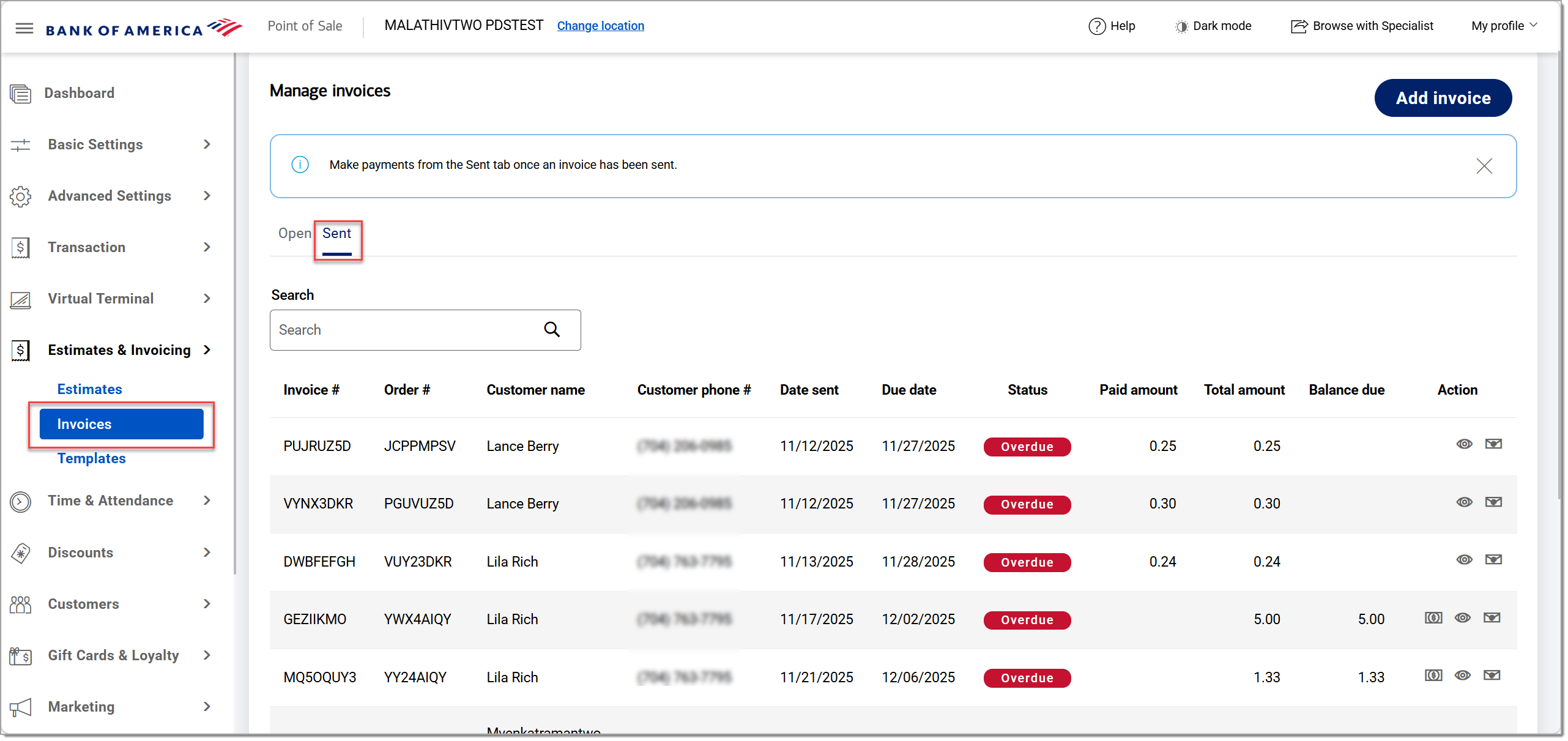 Invoice sent tab after search