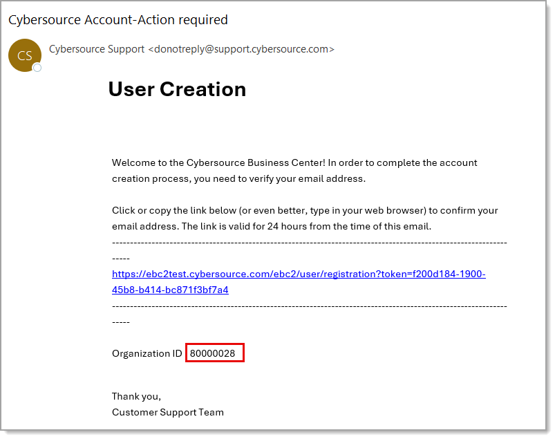 Registration email from Cybersource Support with Organization ID highlighted. 