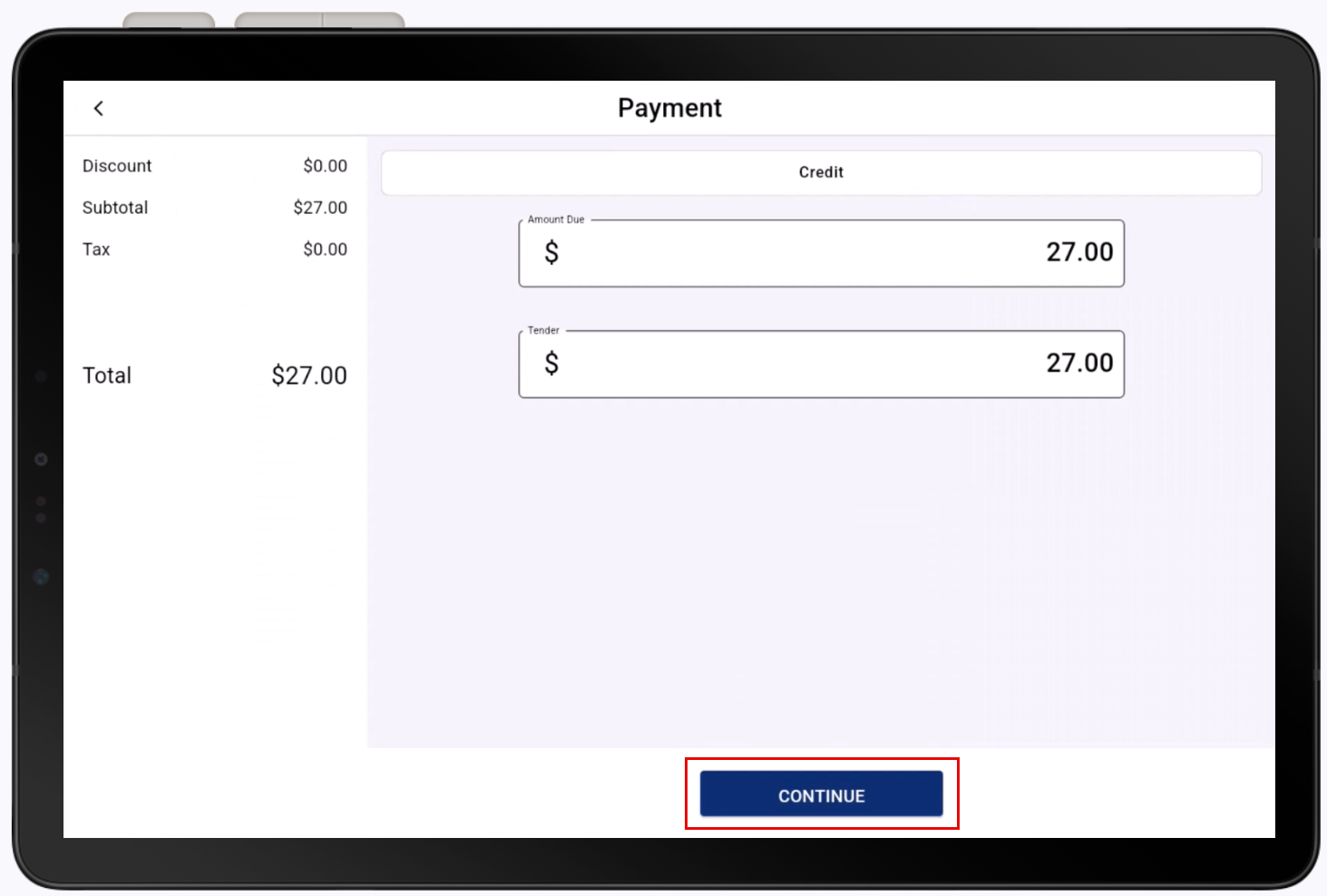 Continue highlighted in final Payment information screen.