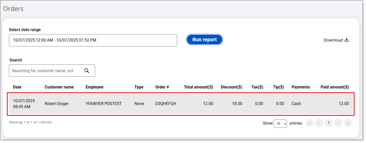Order page in the Back Office with an order highlighted