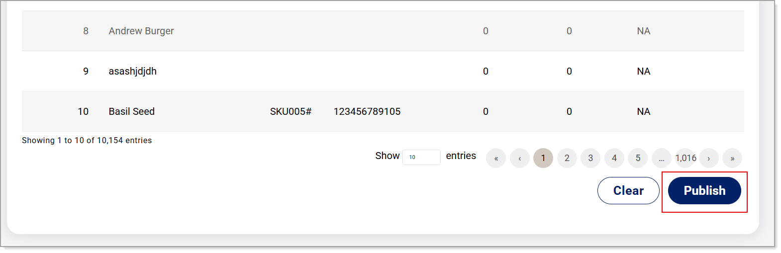 Publish button for inventory upload