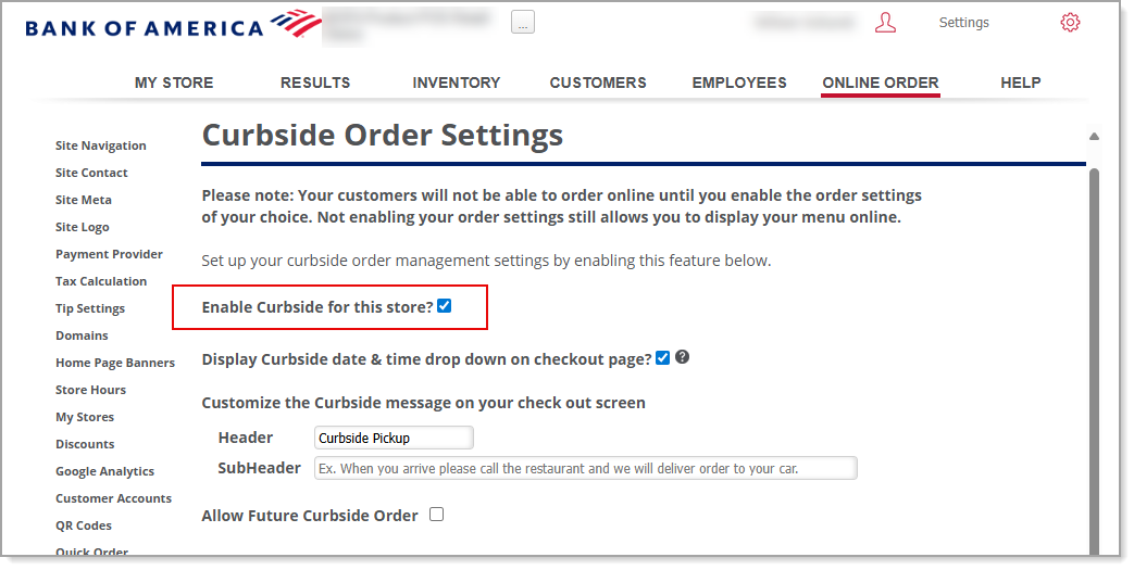 Enable Curbside for this store checkbox