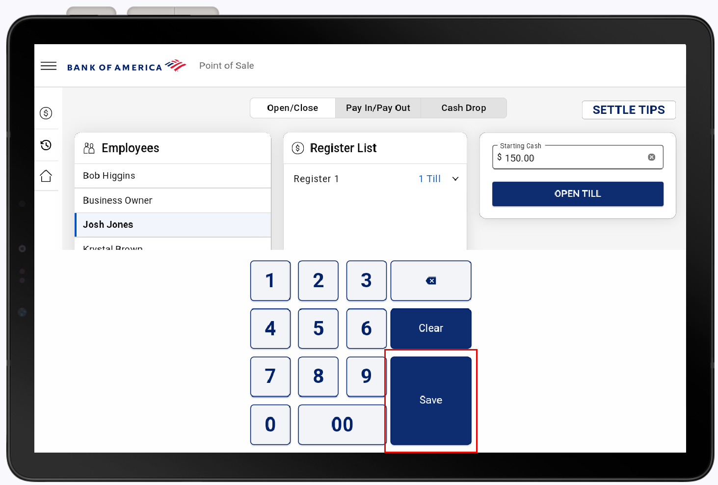 Number pad to input starting cash amount with the save  button highlighted.