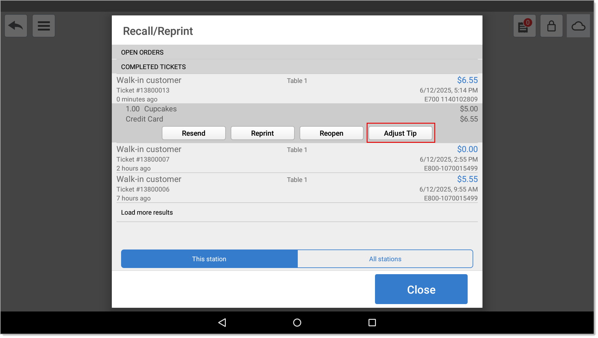 Adjust tip highlighted from selected ticket
