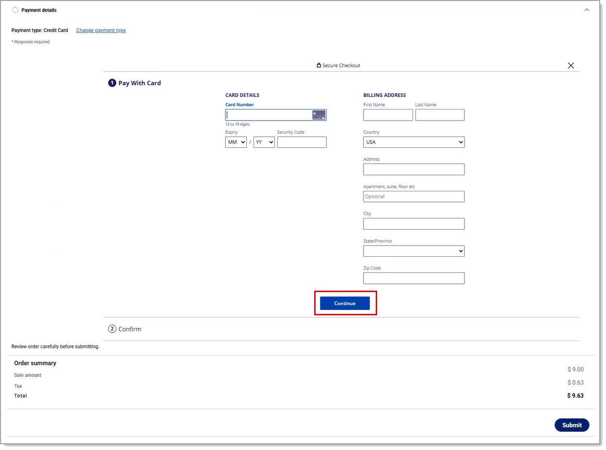 Continue highlighted under Pay With Card details.