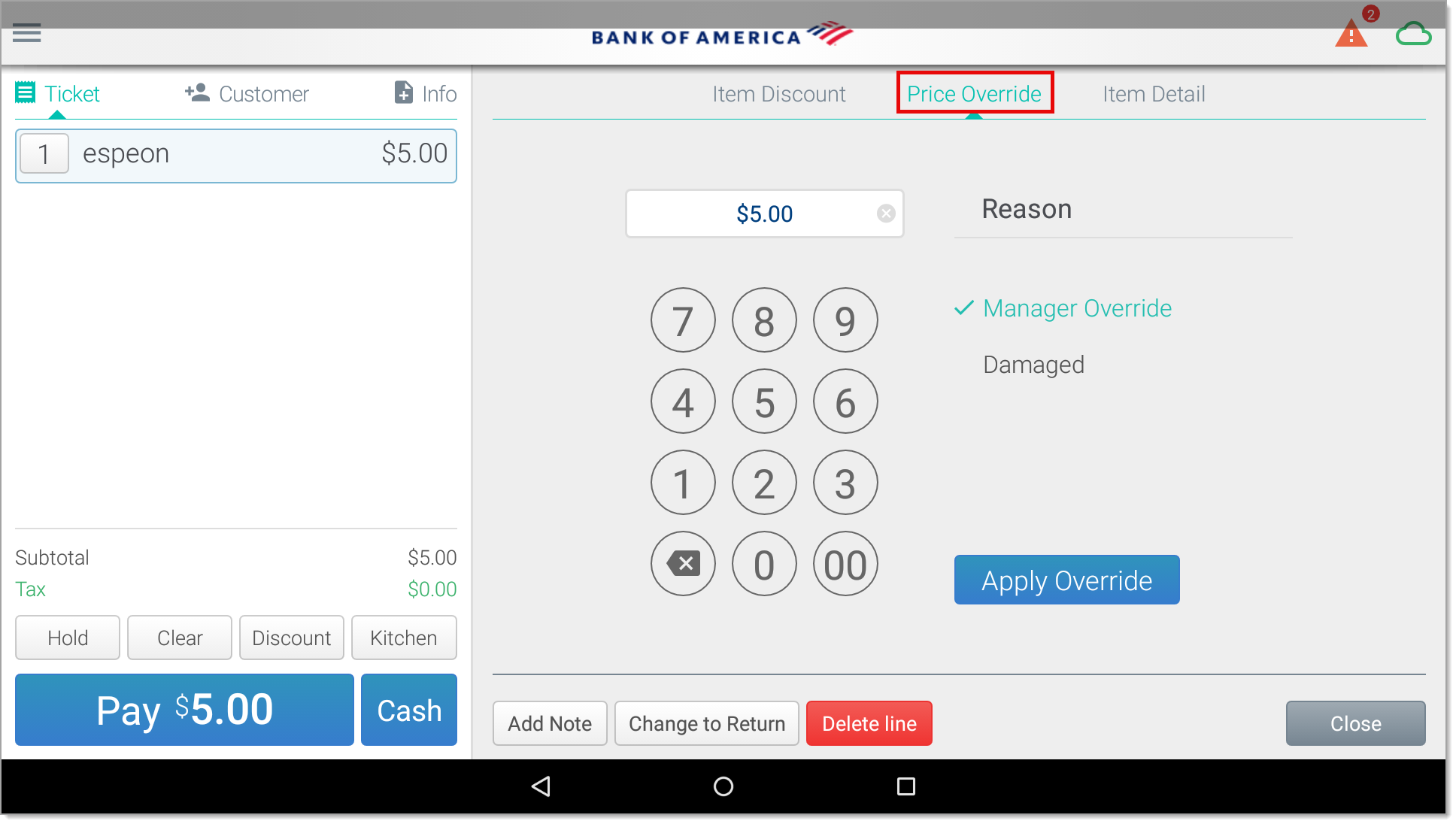 number pad to adjust price and price override highlighted
