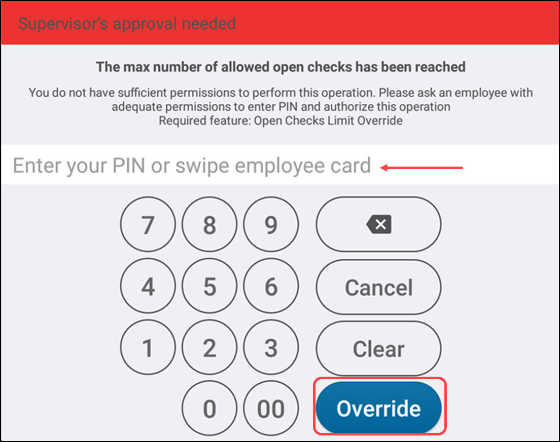 Supervisor approval dialog for an override