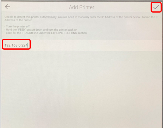 Add printer dialog box with IP address manually entered.