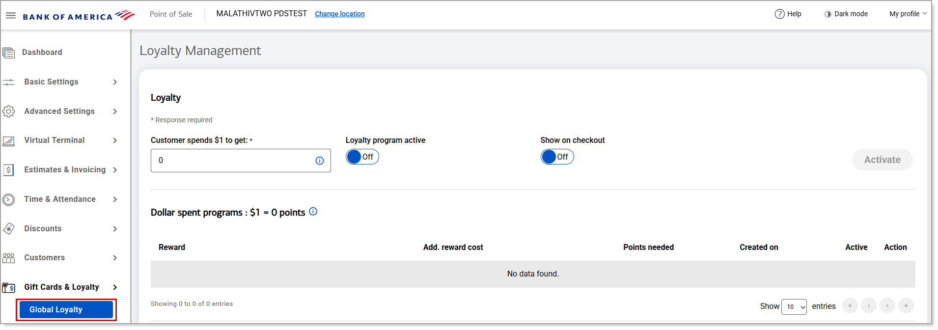 Global Loyalty menu option