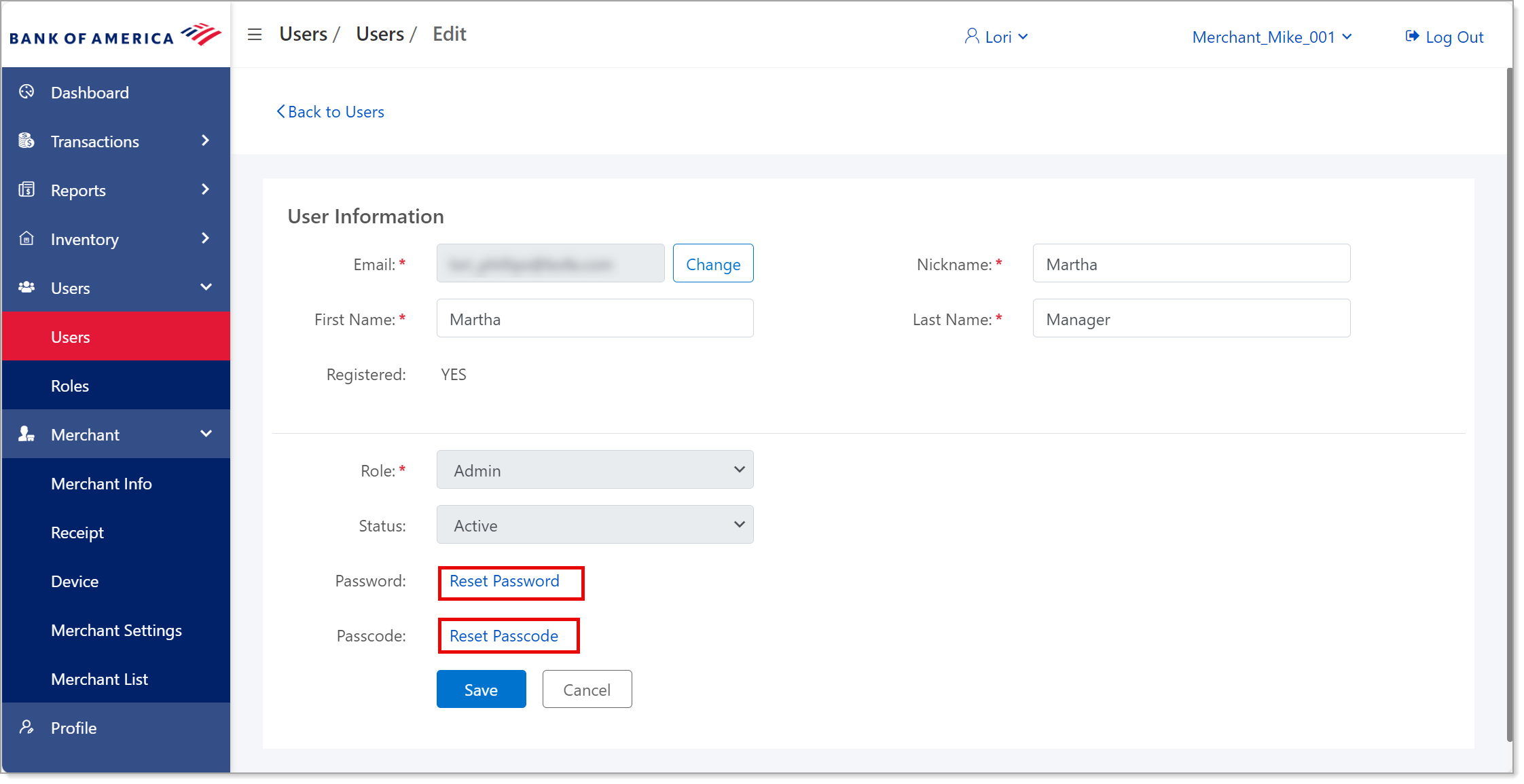 reset password or passcode options