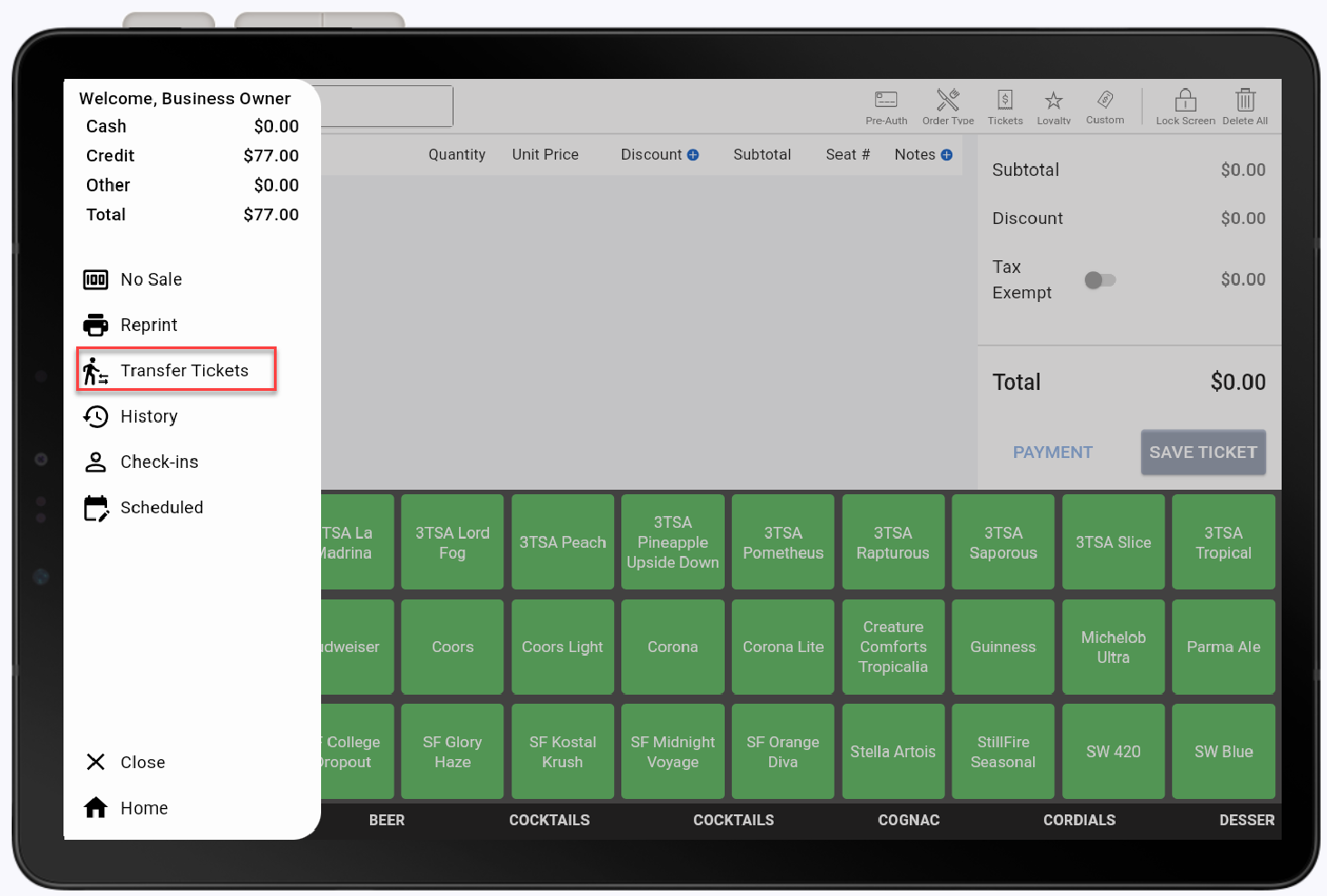 transfer tickets option selected on orders menu