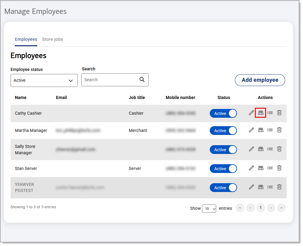 Staff services icon highlighted within manage employees display.